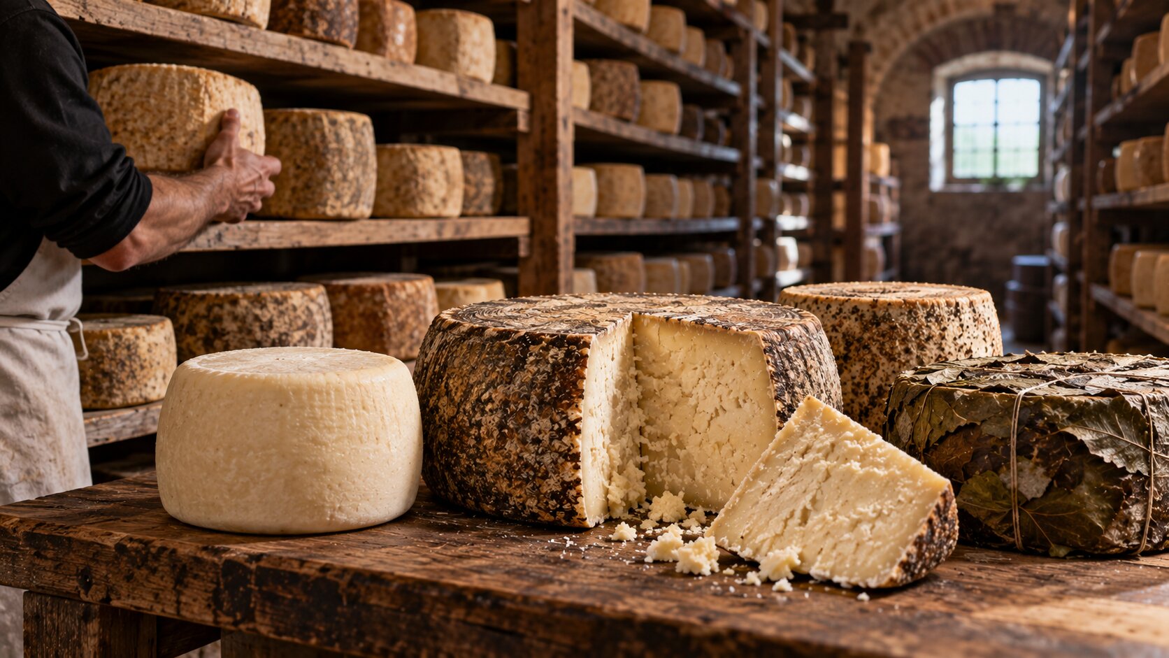 Pecorino aging in a Tuscan cheese cellar