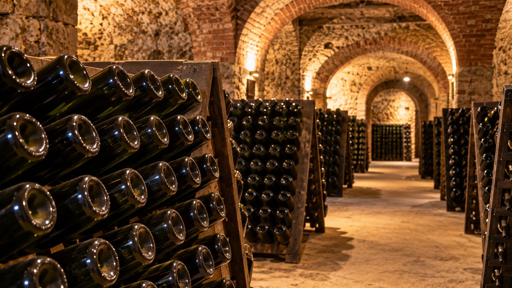 Bottles of Franciacorta sparkling wine ageing in a traditional cellar