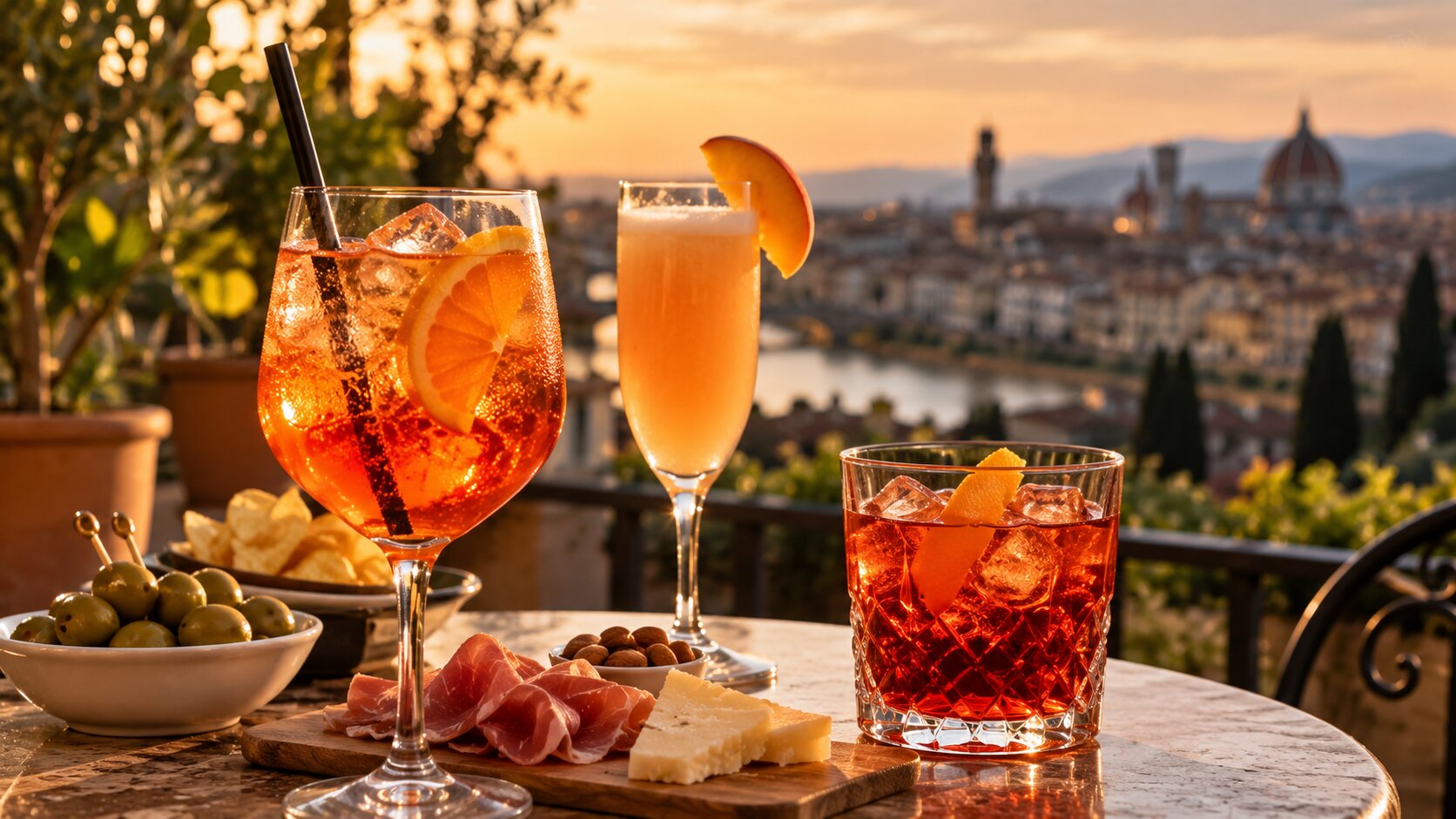 Aperol Spritz, Bellini and Negroni Sbagliato served for an Italian aperitivo