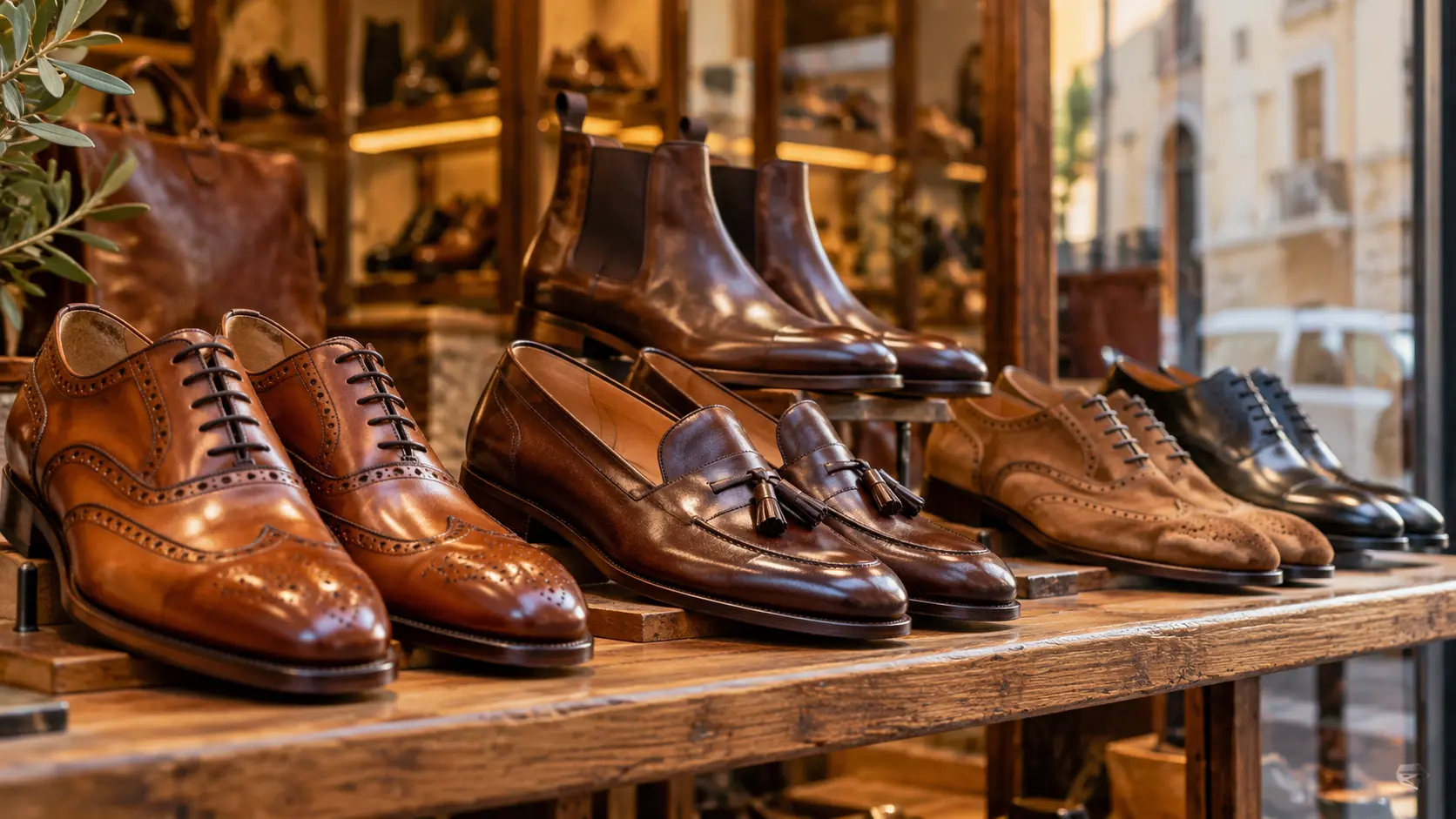 Traditional Italian leather shoes displayed in an elegant Florence shoe shop
