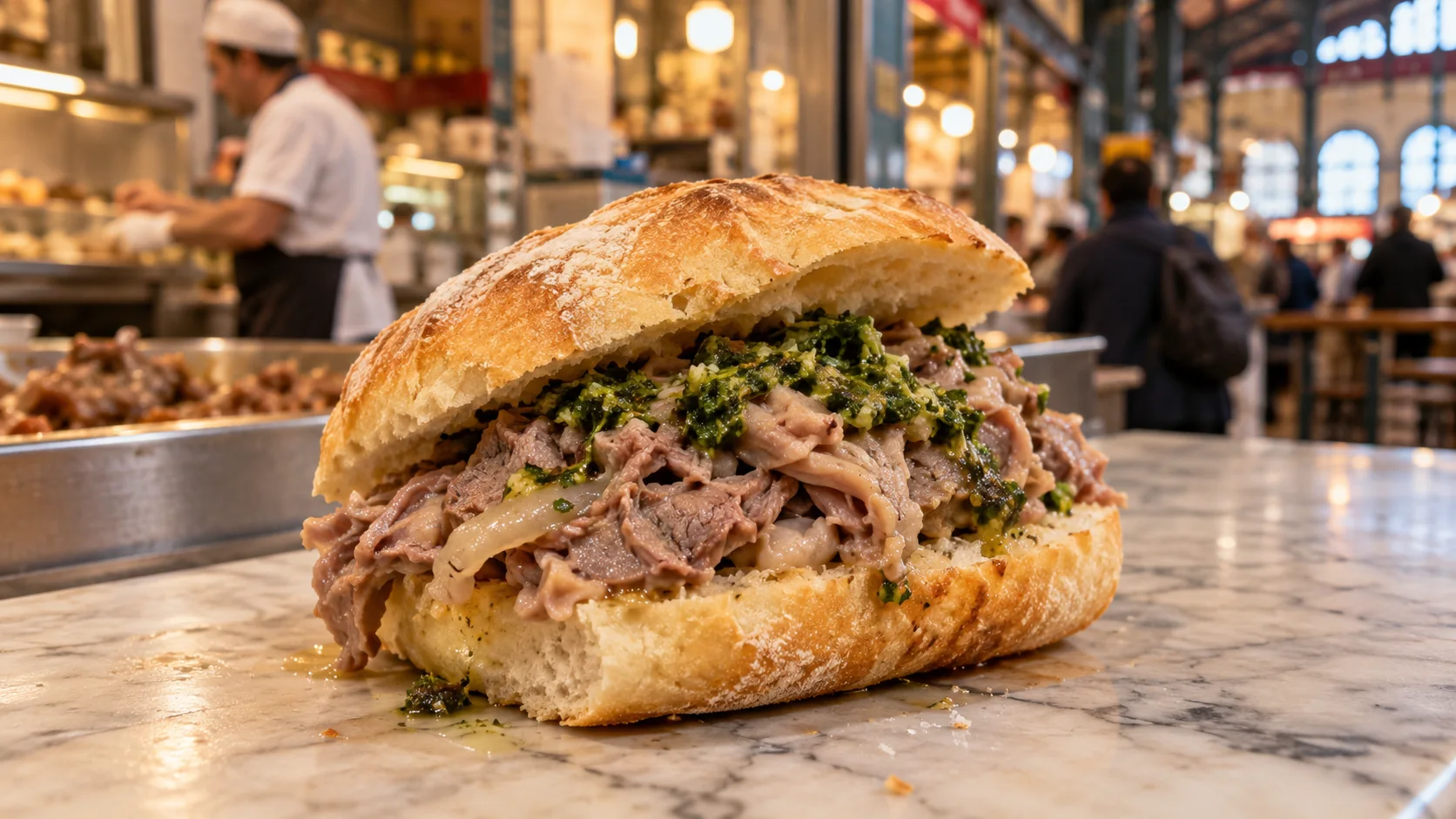 Traditional Florentine lampredotto sandwich with salsa verde at Mercato Centrale in Florence.