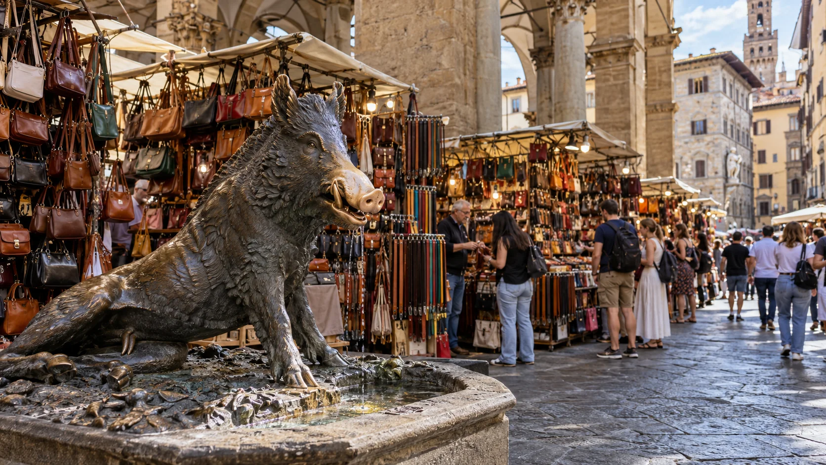 Bronze Porcellino fountain and leather market stalls at Mercato Nuovo in Florence