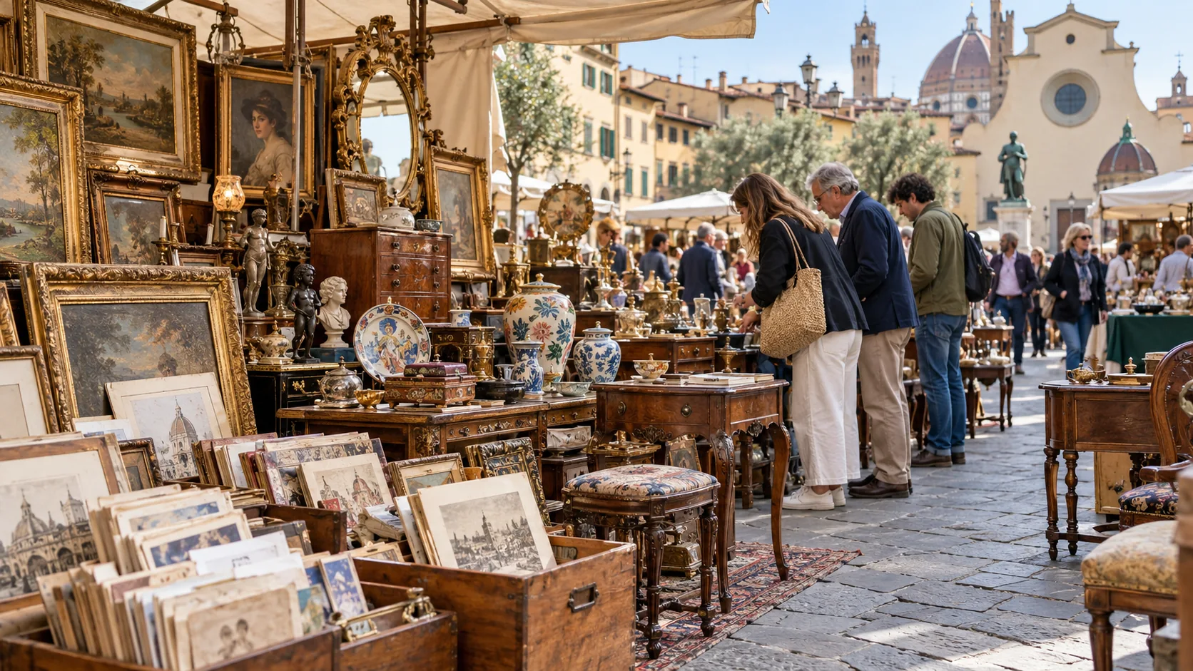 Antique and vintage market stalls displaying old frames, ceramics and collectibles in Piazza Santo Spirito, Florence.