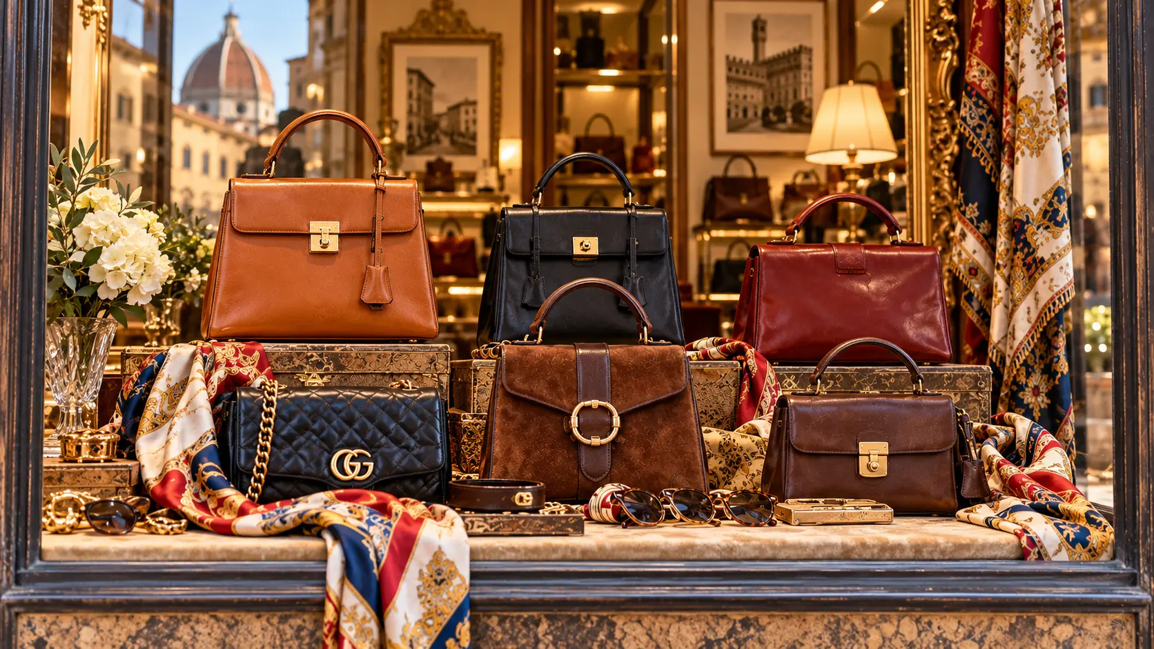Vintage leather handbags and silk scarves displayed in an elegant Florence boutique window