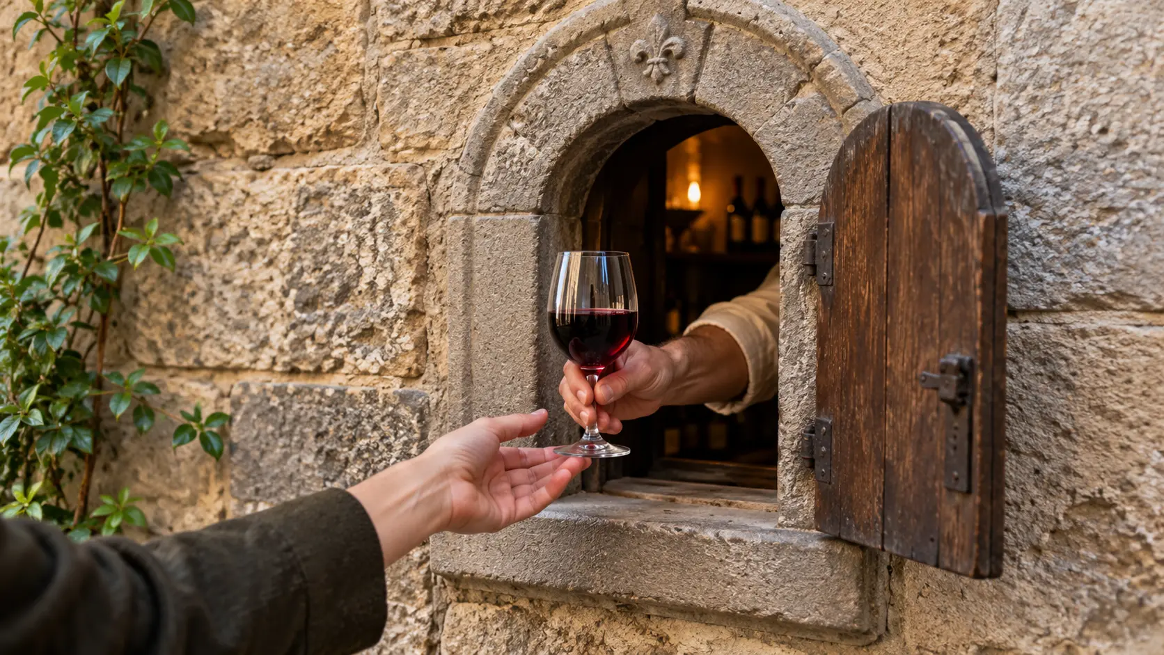 Red wine served through a traditional Florence wine window