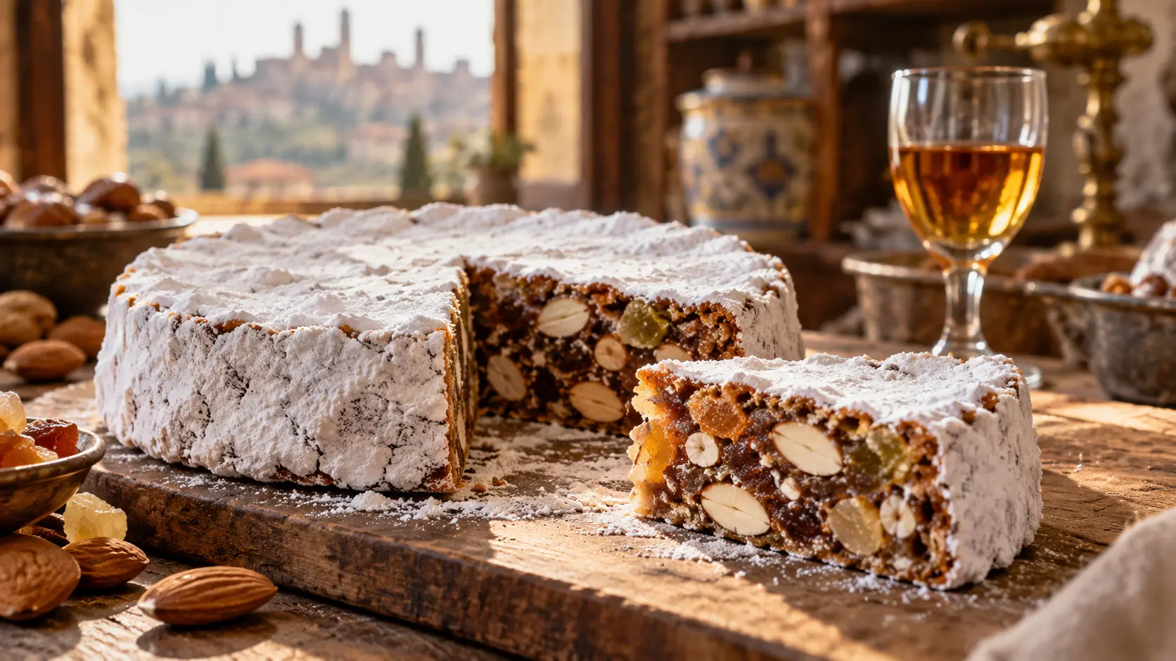 Traditional Panforte di Siena with a sliced wedge and powdered sugar