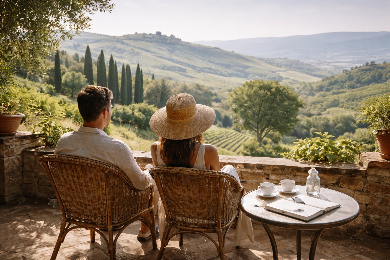 Couple enjoying a quiet panoramic terrace in Tuscany, reflecting authentic luxury travel through privacy and slow rhythm