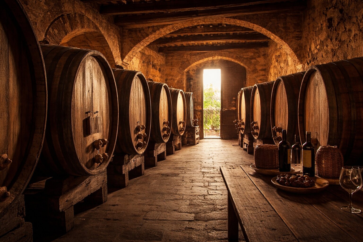 Historic wine cellar in the Chianti countryside with large wooden barrels and natural light