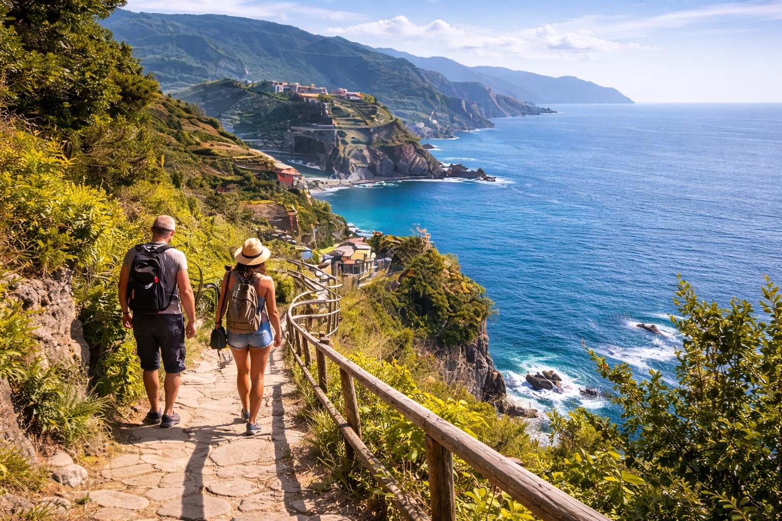 Couple hiking along a scenic coastal trail in Cinque Terre overlooking the Mediterranean Sea