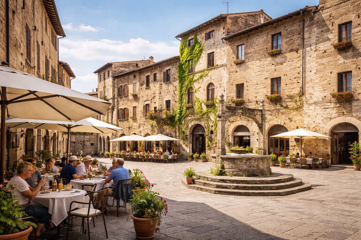 Historic Tuscan hill town piazza with outdoor cafés and stone architecture in natural daylight