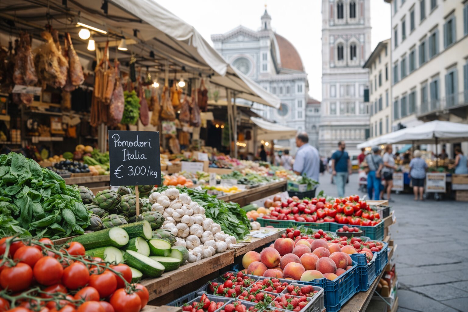 Fresh produce stall at a Florence market during a cooking class market tour experience
