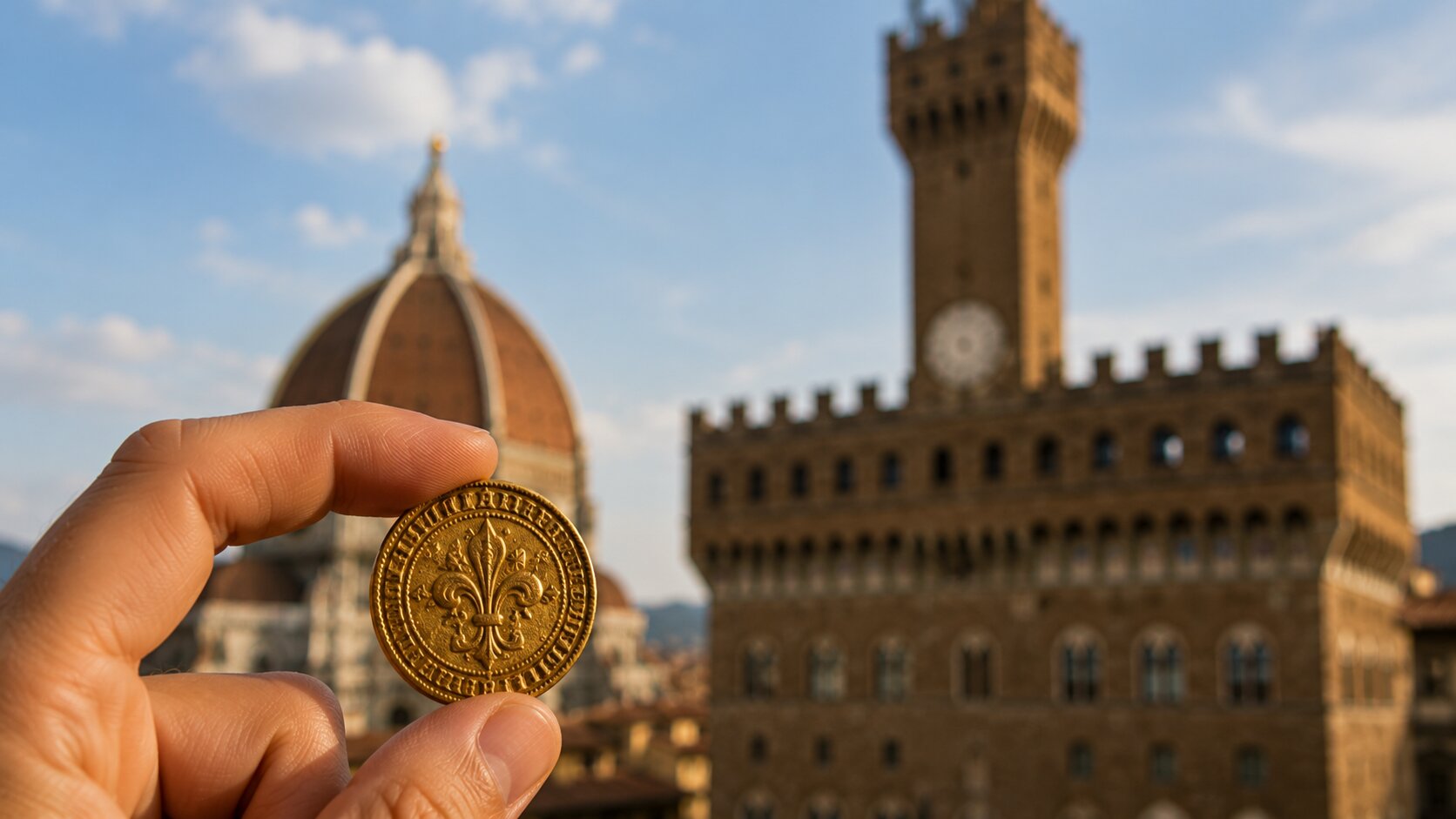 Medici florin with Florence landmarks in the background