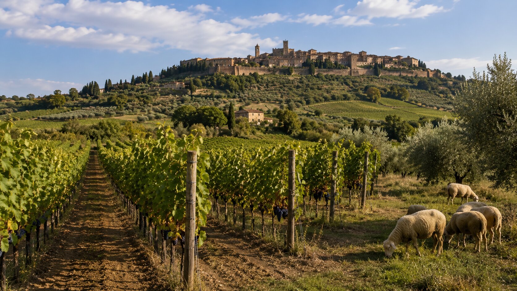 Sangiovese vineyards with grazing sheep near Montalcino.