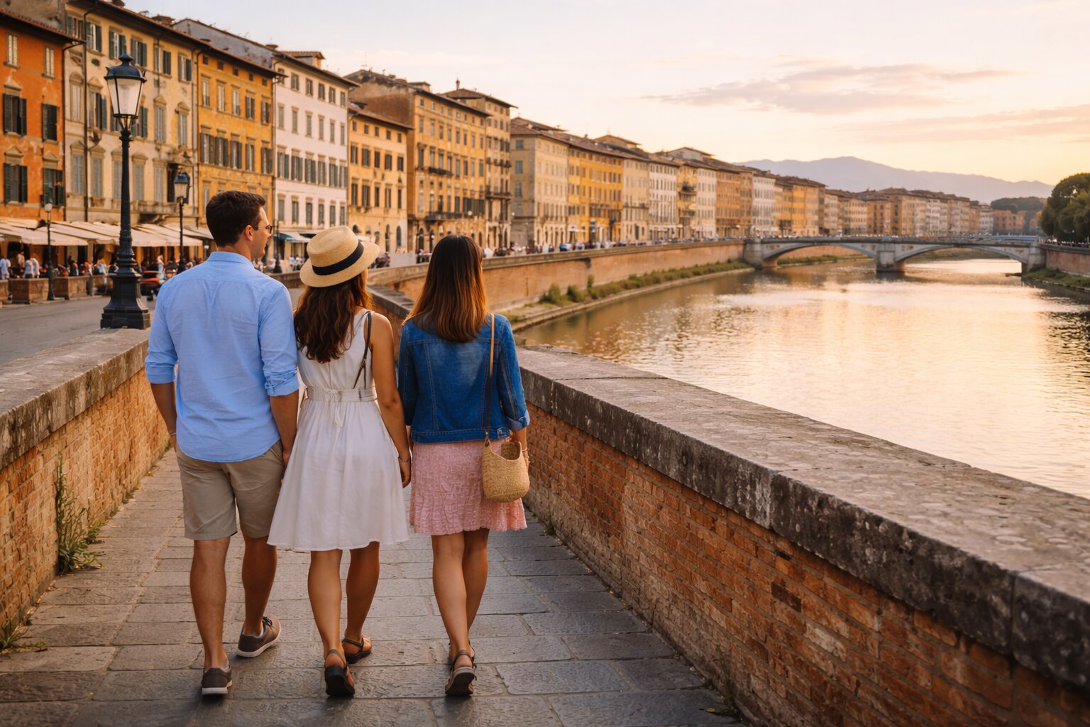 Riverside walk along the Lungarno in Pisa showing historic buildings and Arno River views