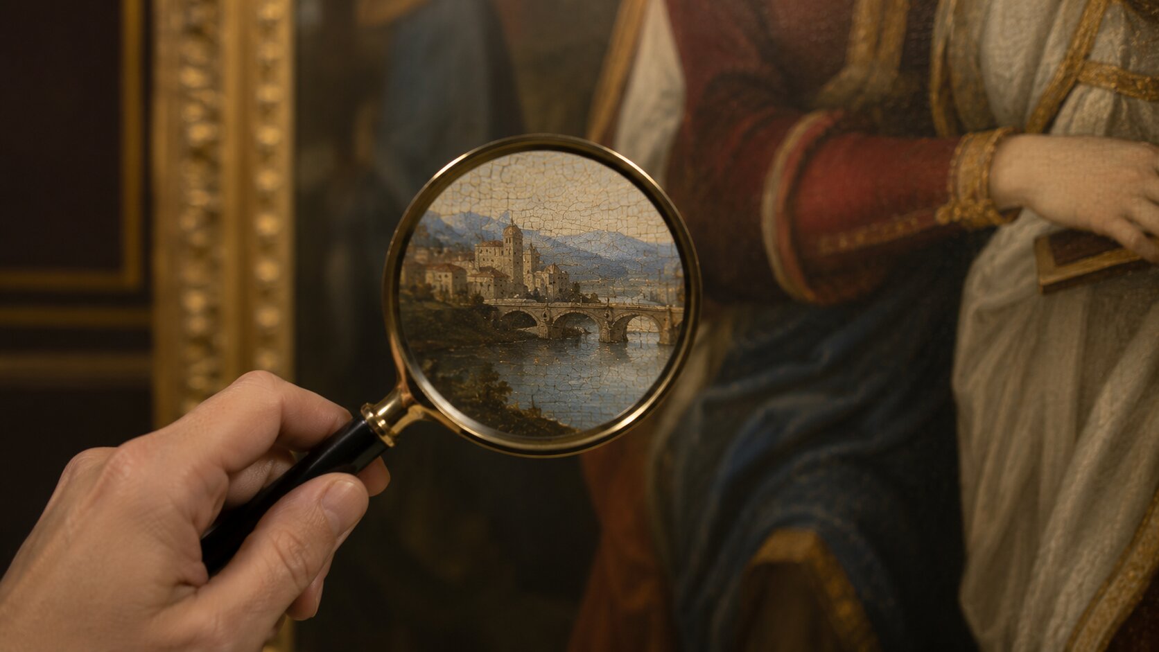 Magnifying glass highlighting a detail of a Renaissance painting