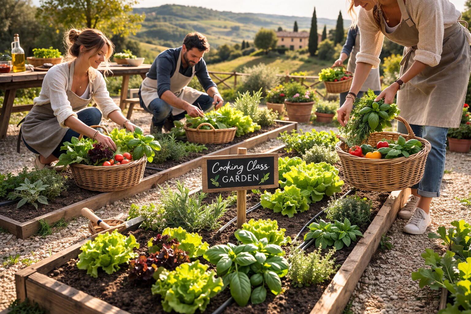 Participants harvesting fresh herbs and lettuce in a Tuscan cooking class garden