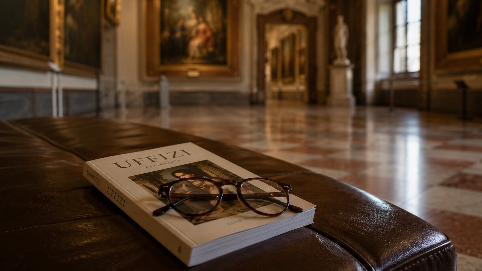 Uffizi guidebook and glasses on a museum bench