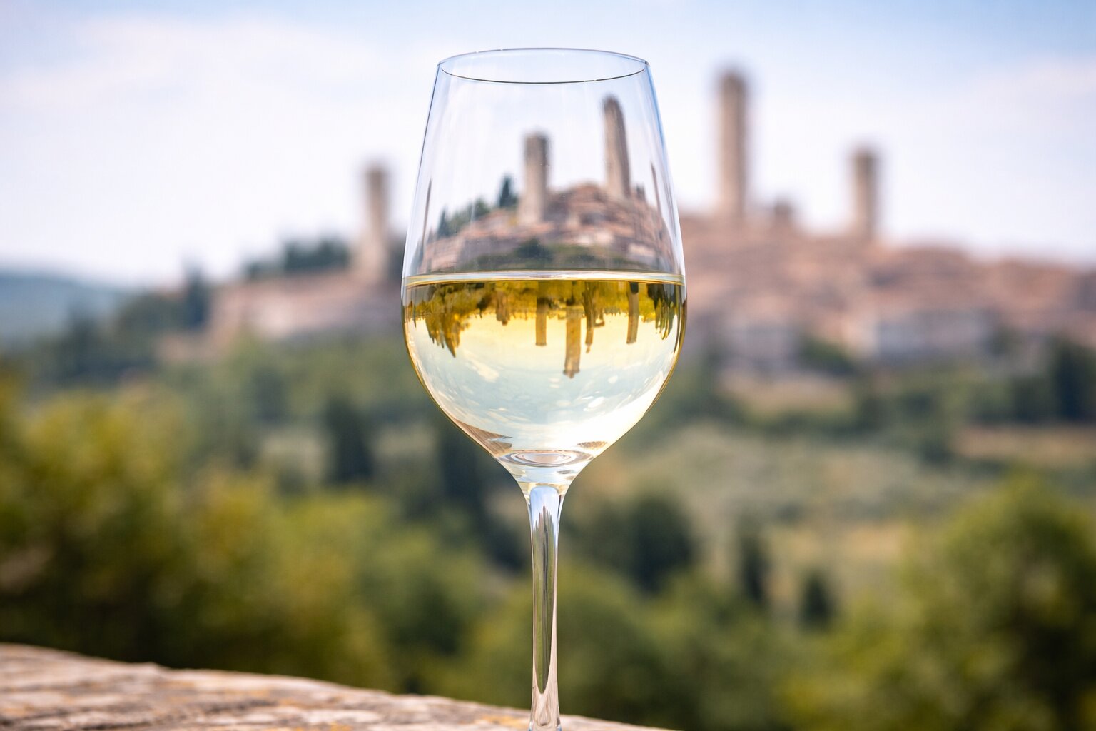 Glass of Vernaccia di San Gimignano with medieval towers reflected in the wine