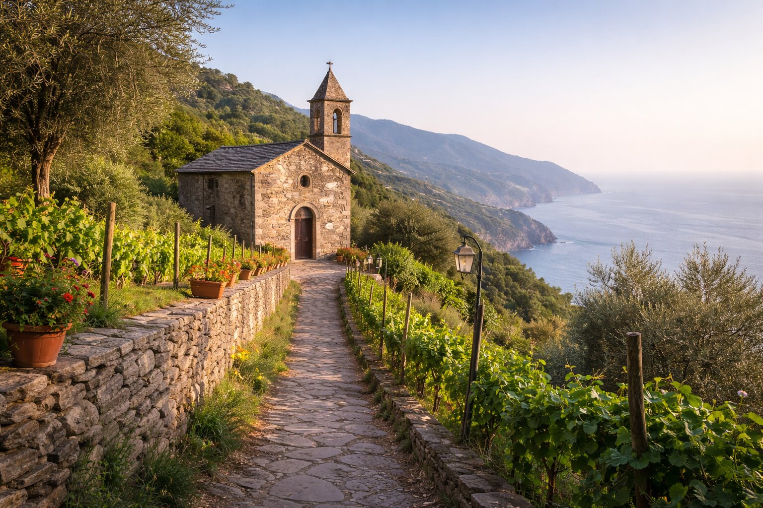 small church on a hillside path in Cinque Terre