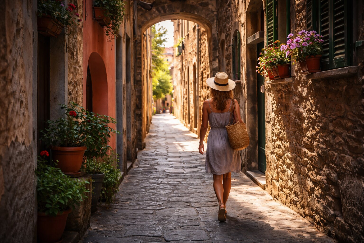 Quiet alley in Cinque Terre with soft light and a person walking