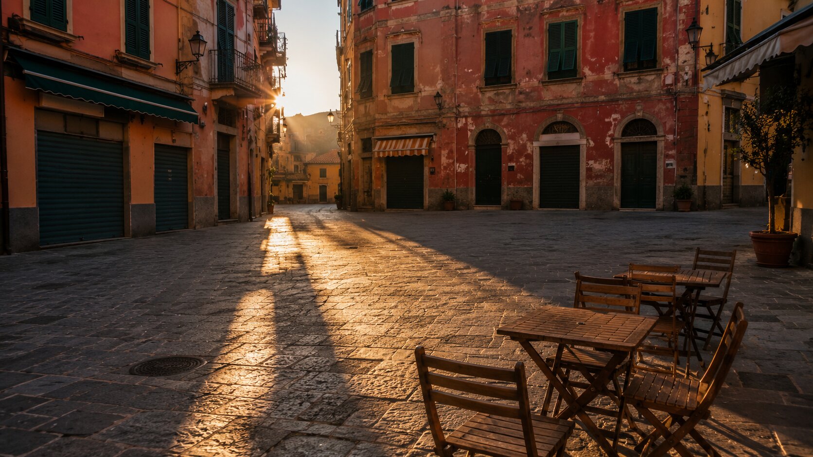 Quiet Cinque Terre square in the early morning