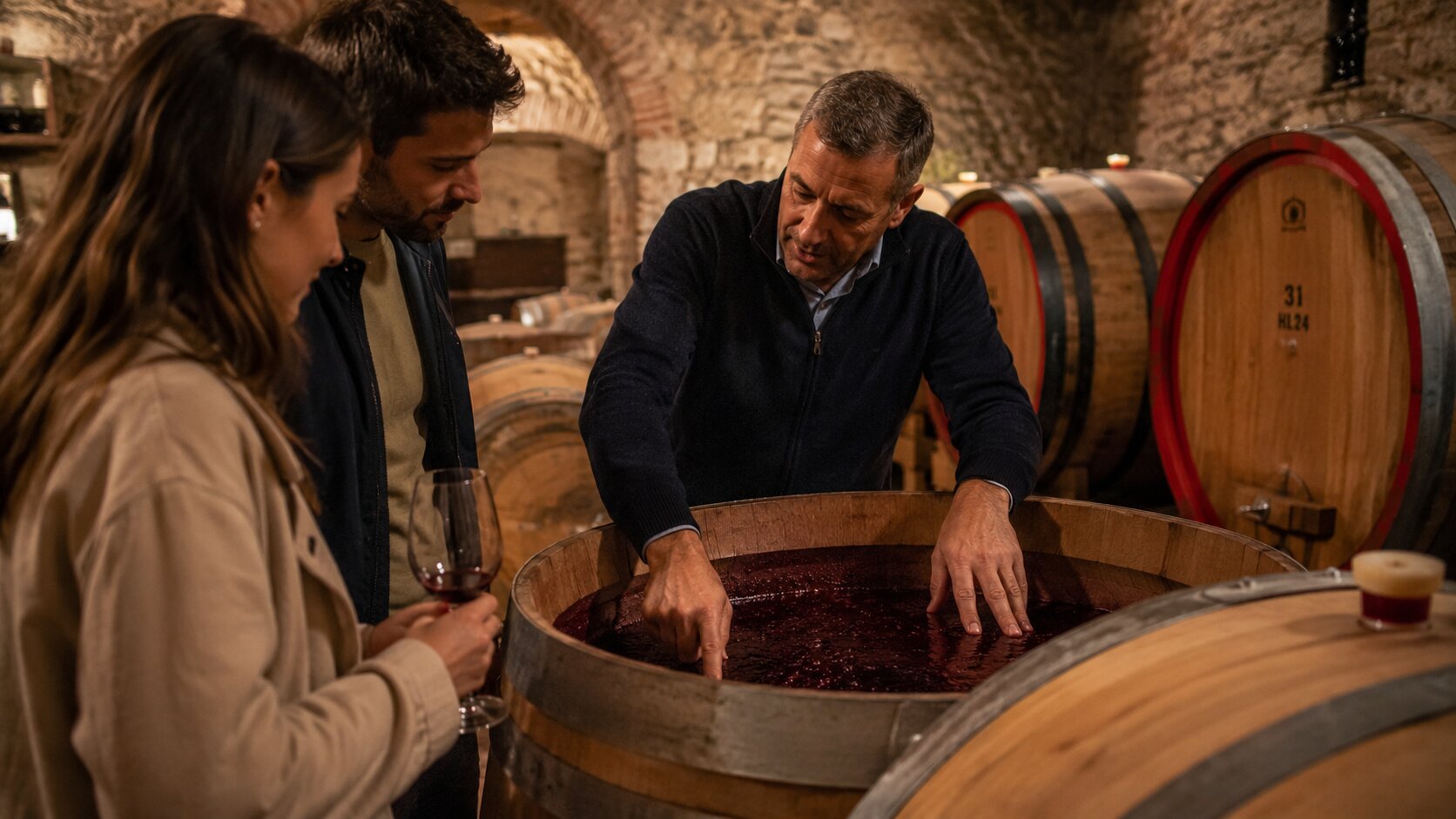 Winery owner explaining a barrique in a Chianti cellar