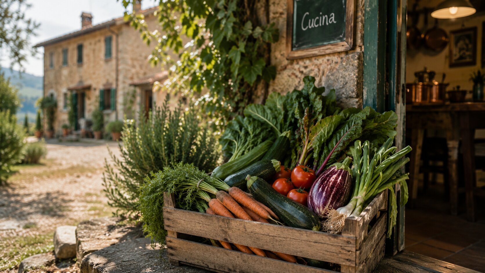 Fresh vegetables at an agriturismo kitchen entrance