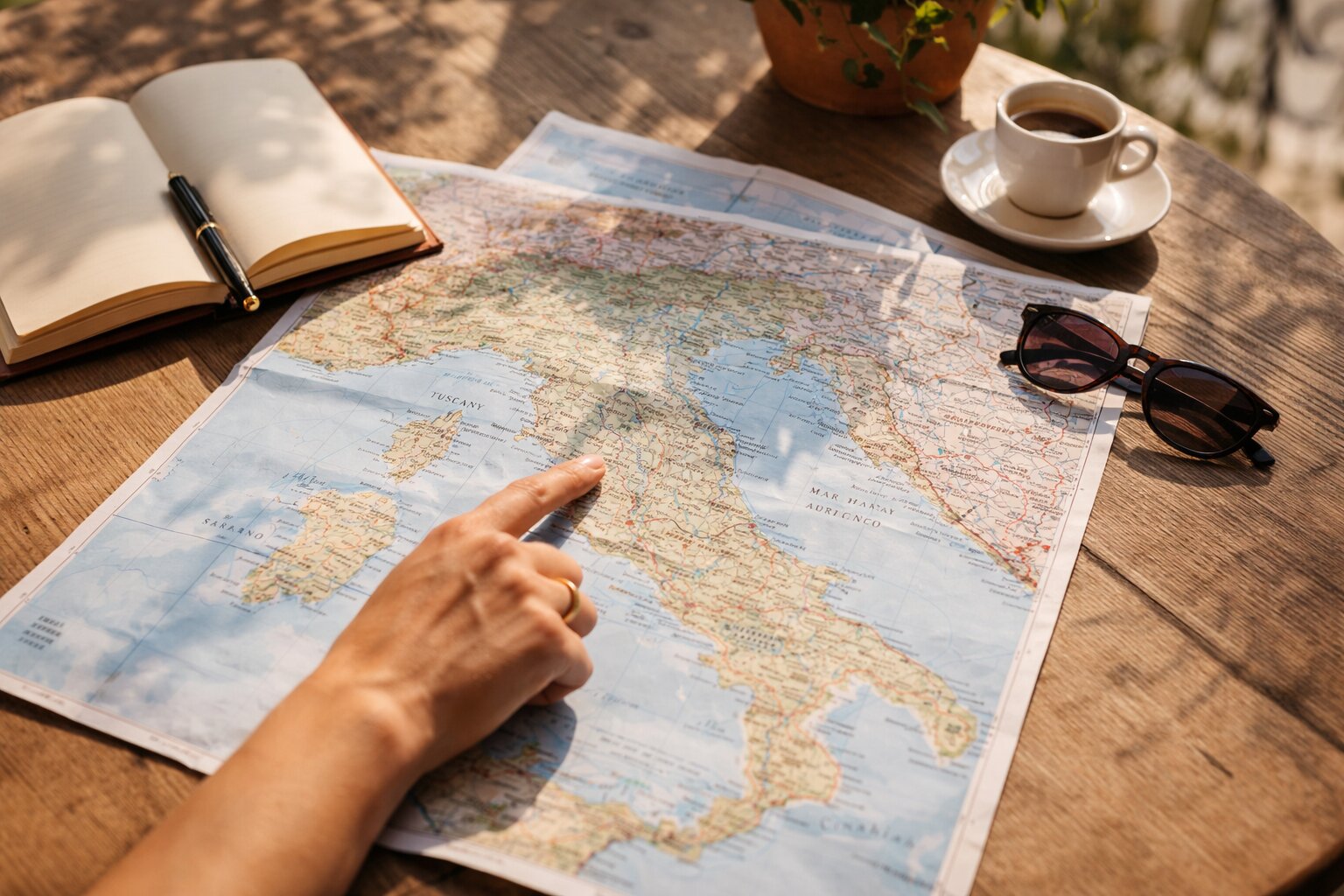 Hand pointing at Italy map during travel planning