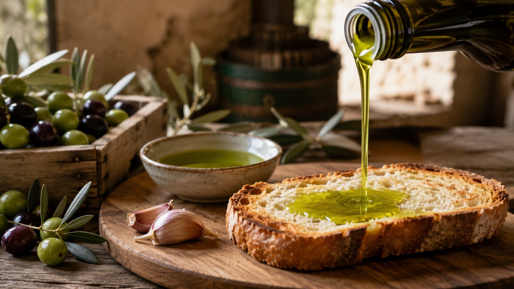 Fresh olio nuovo poured over toasted Tuscan bread