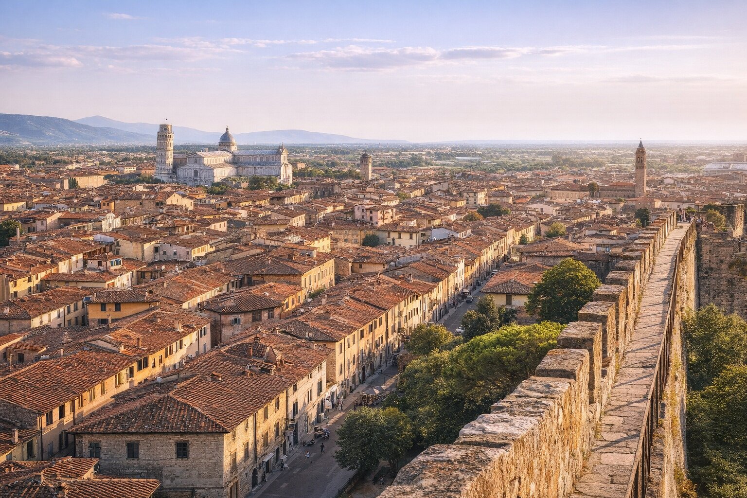 elevated view of Piazza dei Miracoli from the city walls of Pisa