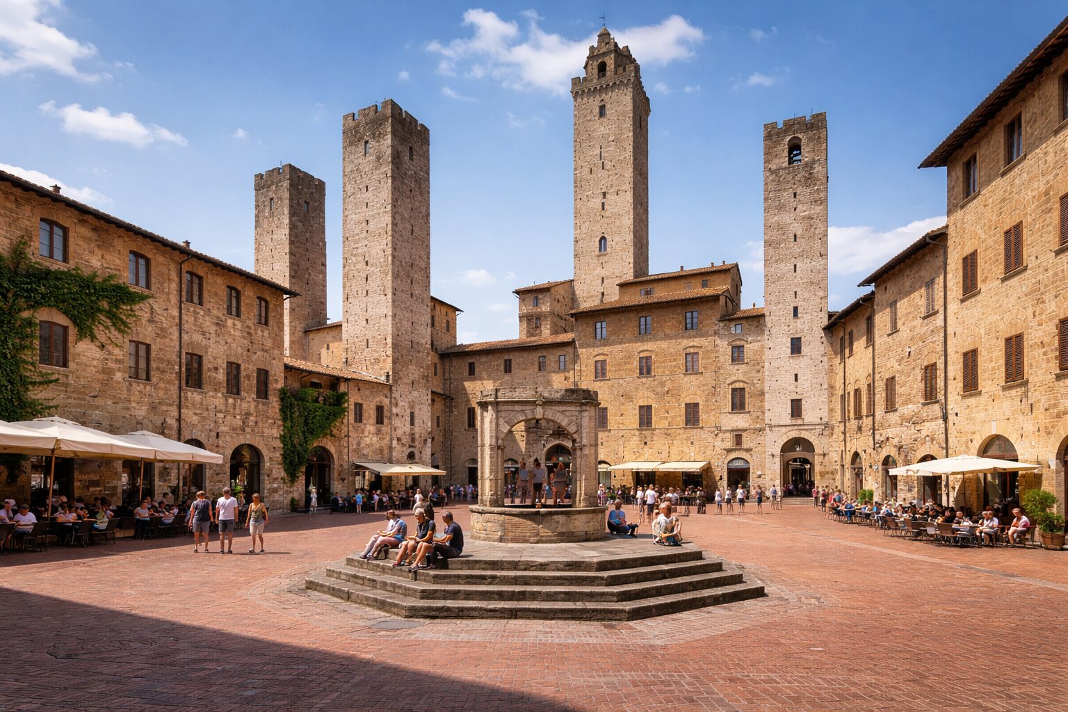 Piazza della Cisterna in San Gimignano with medieval towers