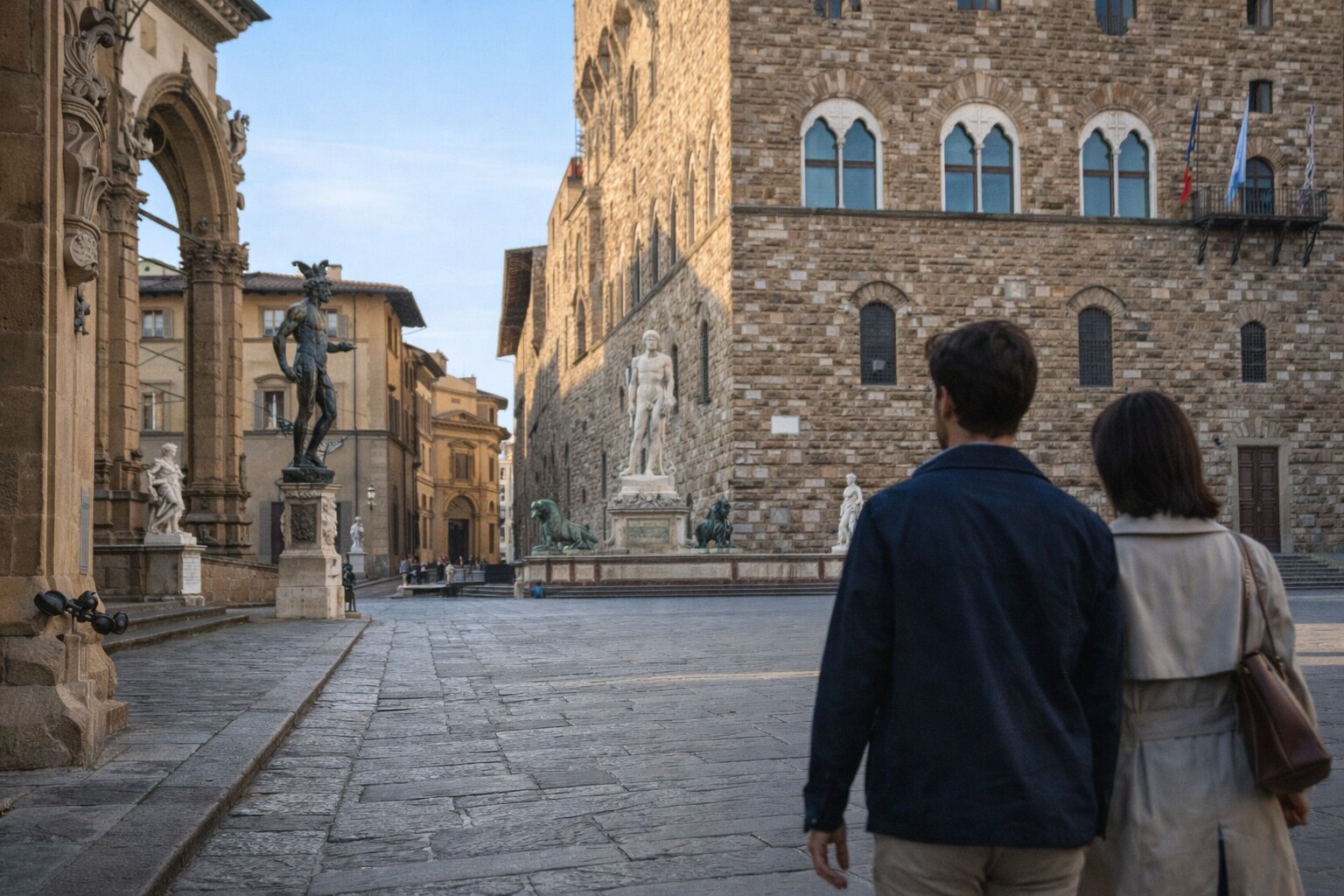 Couple walking in Piazza della Signoria Florence
