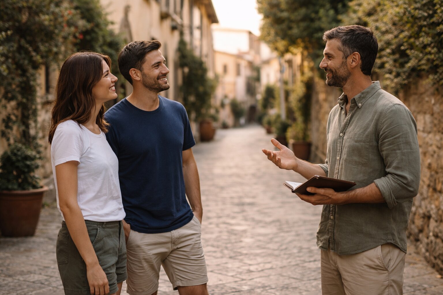 Couple talking with private guide on a quiet street in Italy