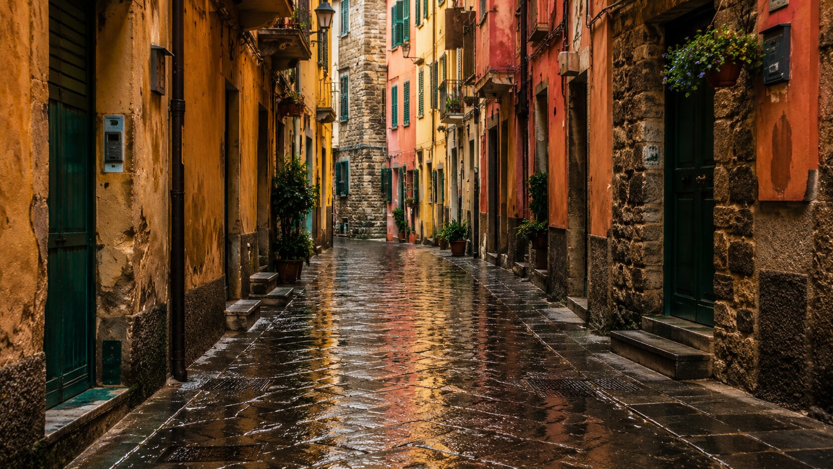 Rain-soaked street in Cinque Terre during autumn