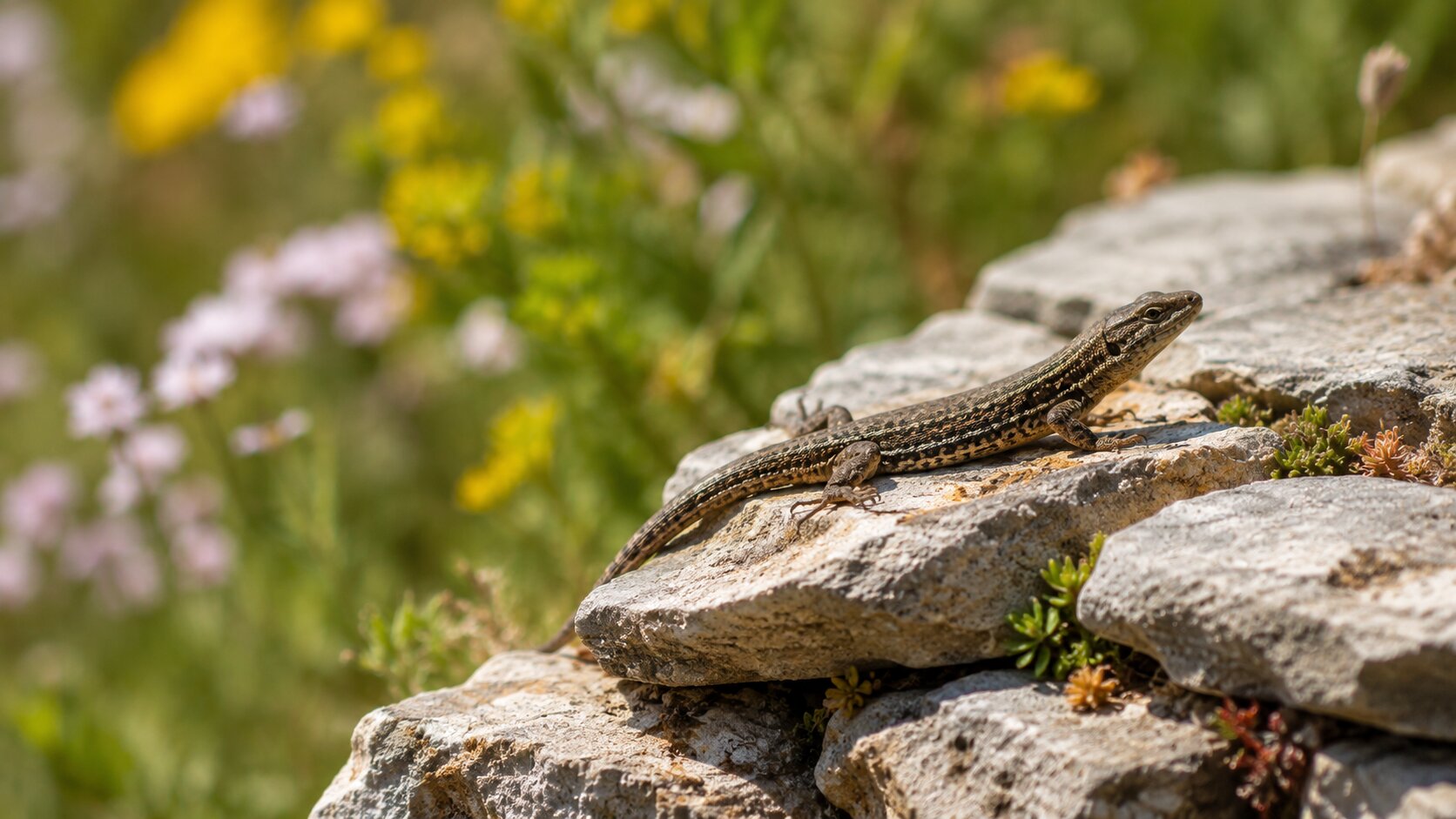 Lizard basking on a dry stone wall in spring