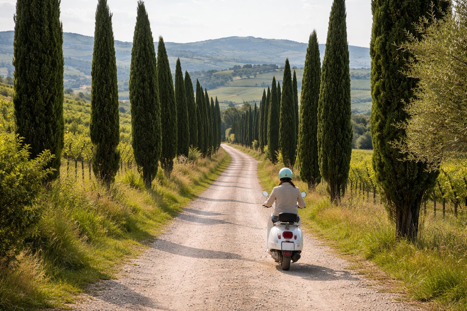 Vespa riding through cypress-lined road in Tuscany