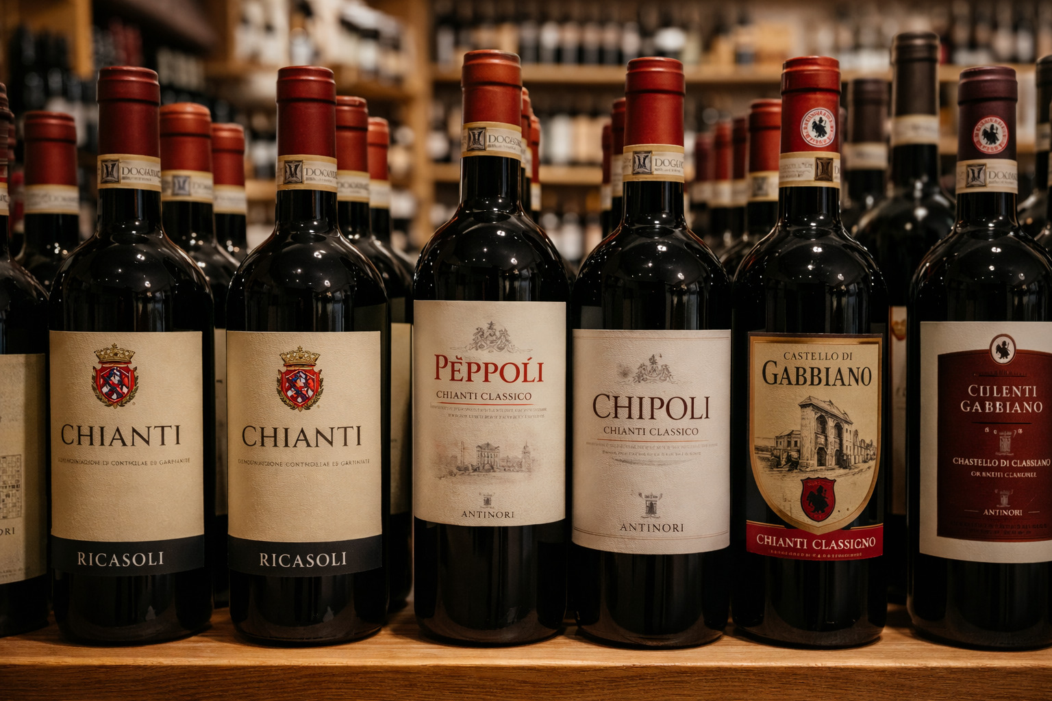 chianti and chianti classico wine bottles displayed in Italian wine shop