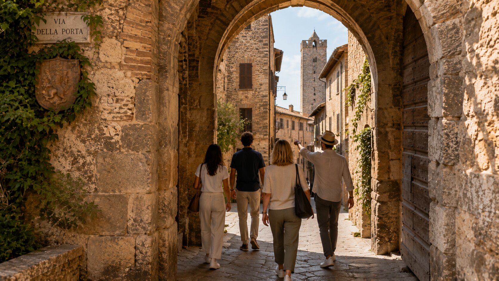 Visitors entering San Gimignano through a medieval gate