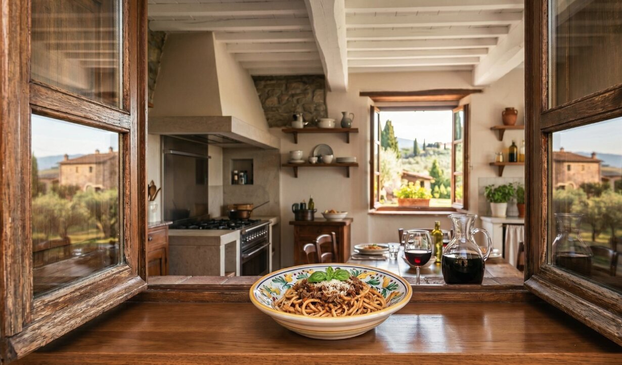 florence culinary experience plate of pasta on table with open window view