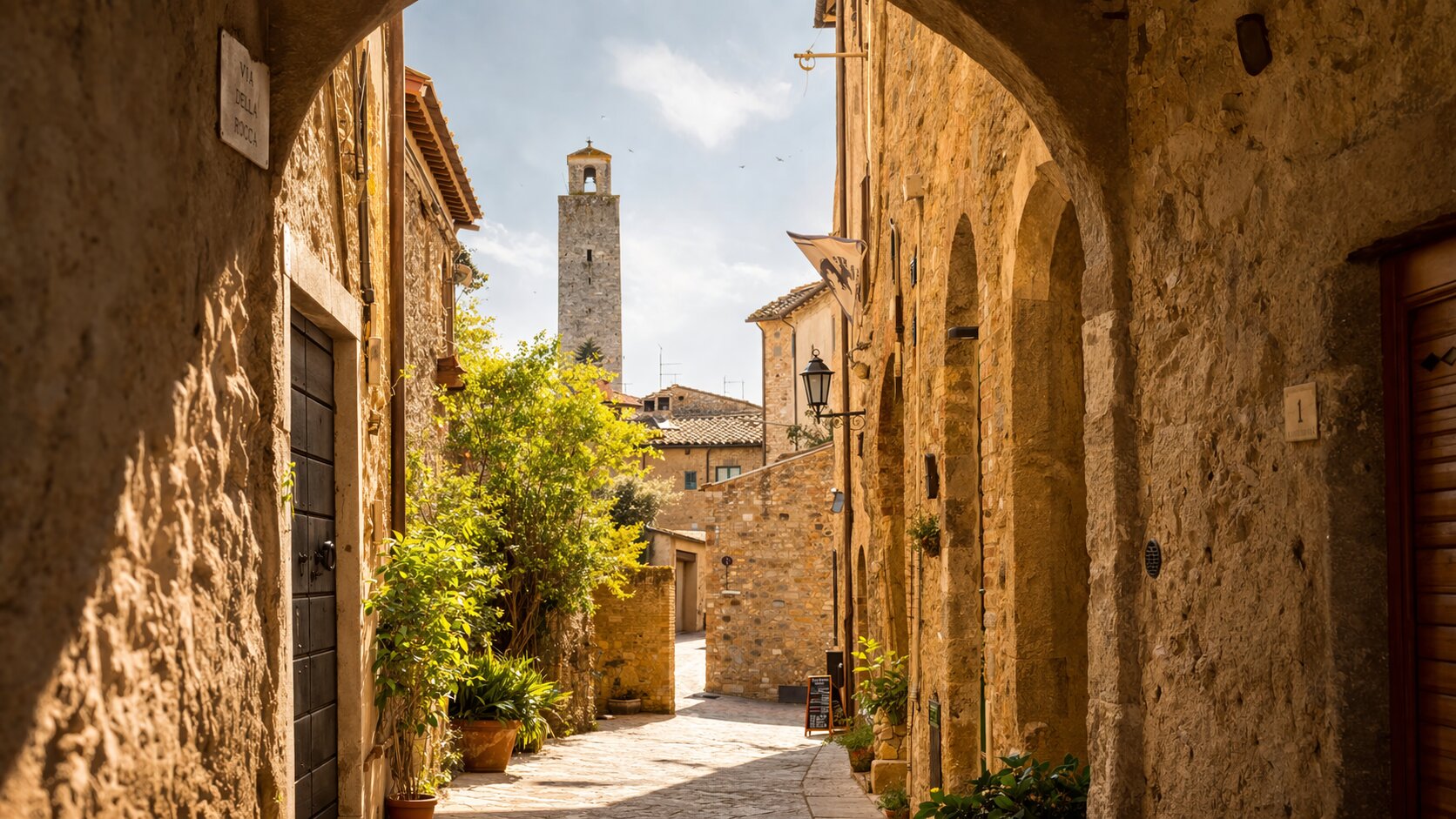 San Gimignano medieval street seen from inside the village with stone buildings and towers in the background