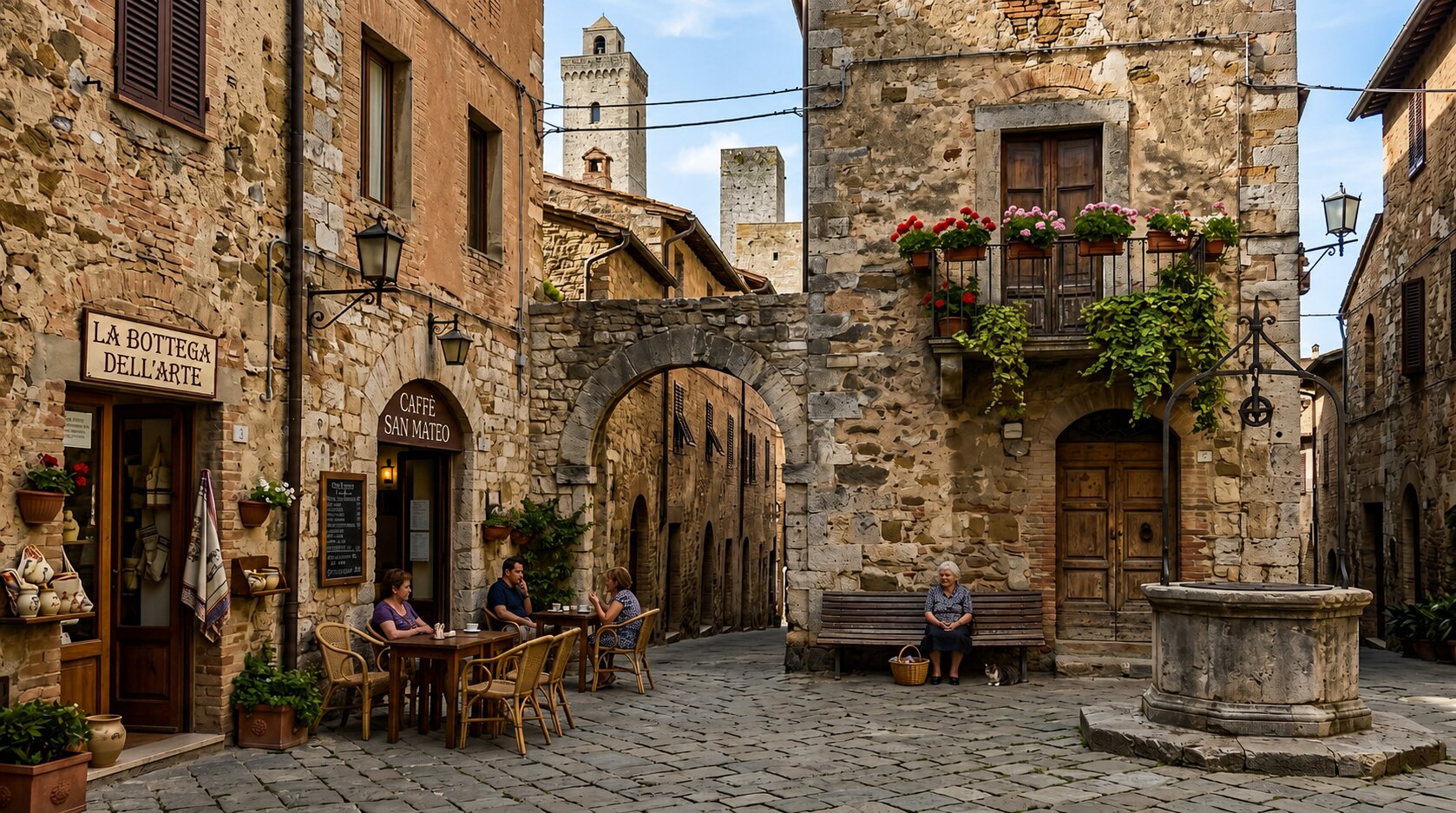 san gimignano quiet piazza with stone buildings and local details