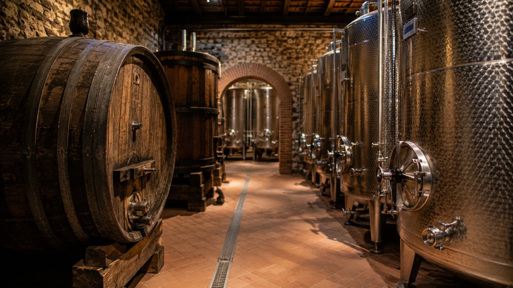 Oak barrel and steel tanks in a Chianti cellar