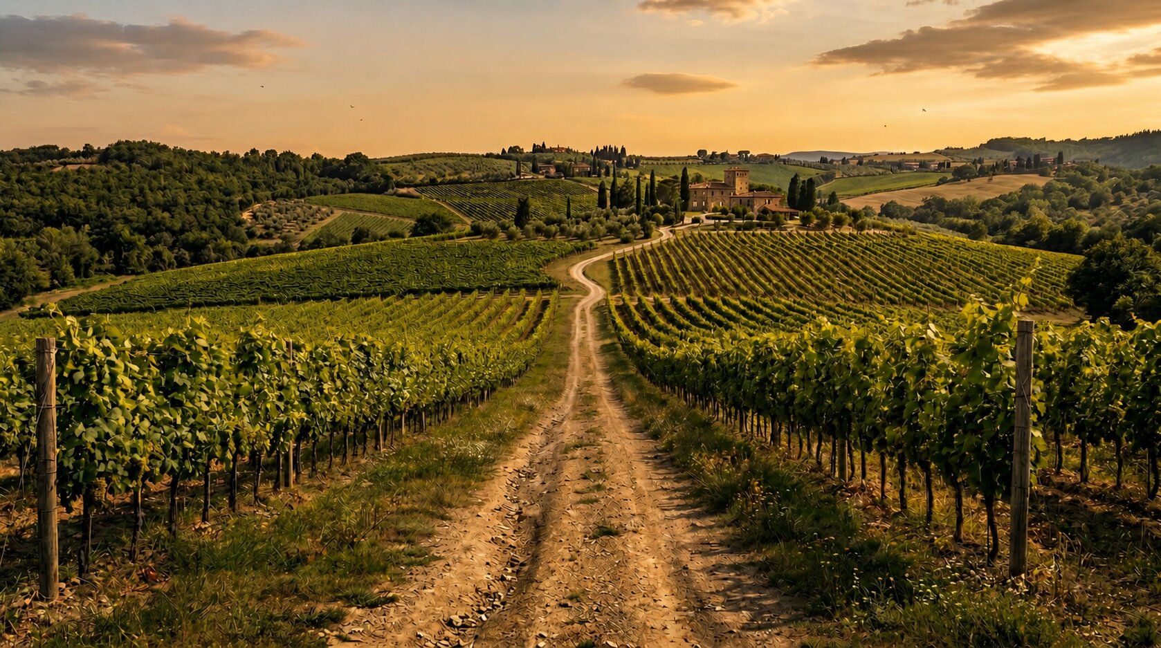 Tuscany vineyard rows with dirt road through landscape