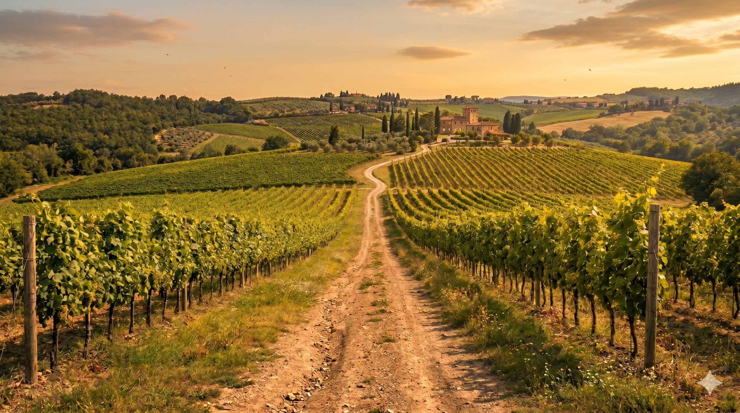 uscany vineyard rows with dirt road through landscape