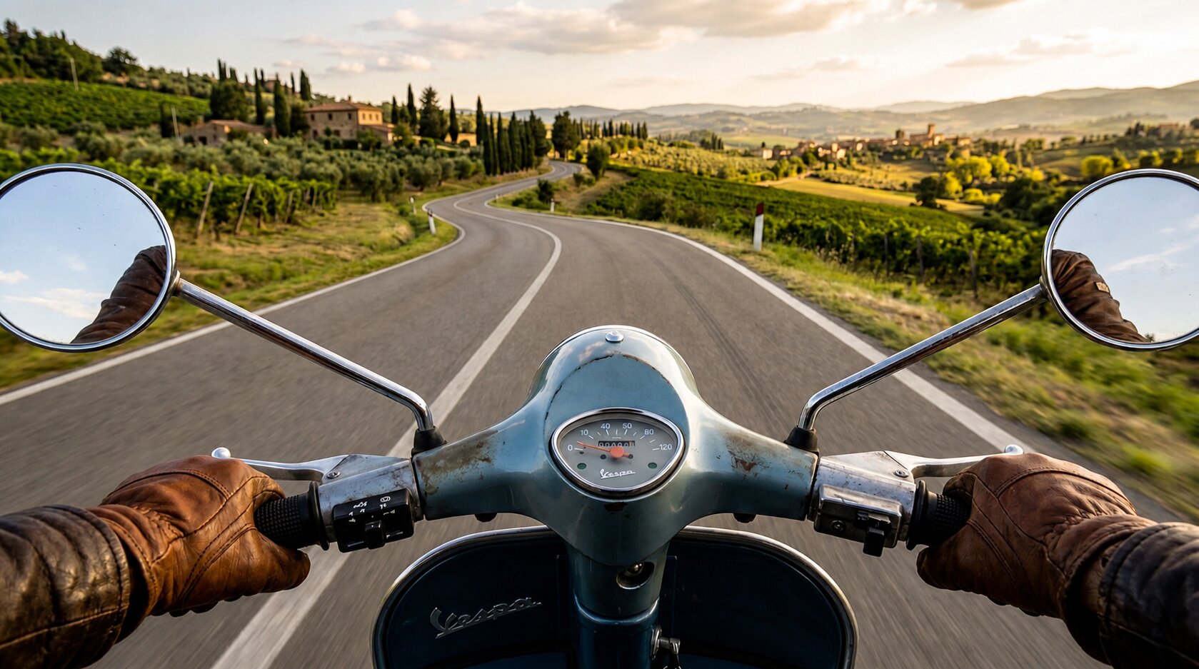vespa rider view hands on handlebar Tuscany road