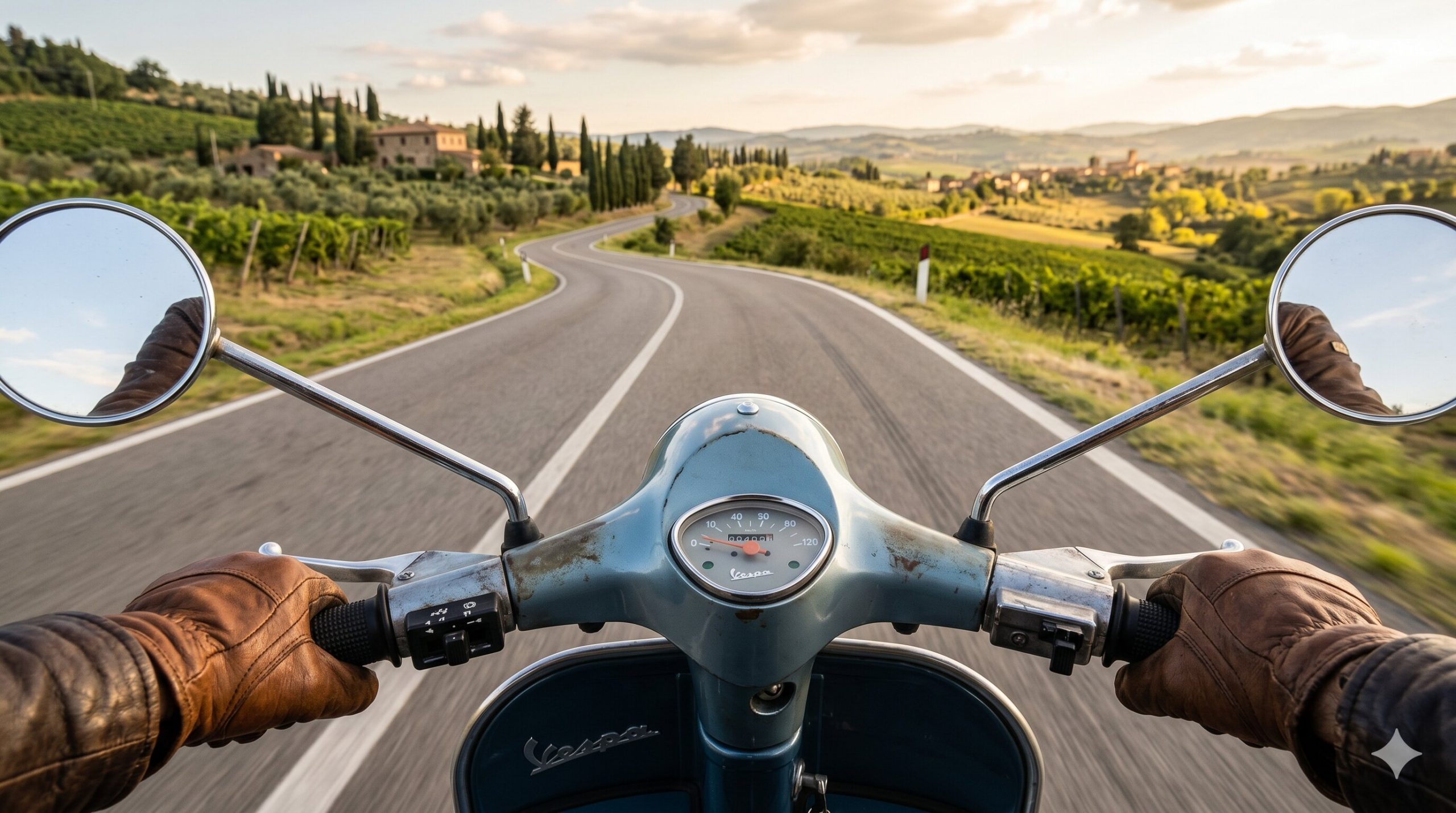 vespa rider view hands on handlebar Tuscany road