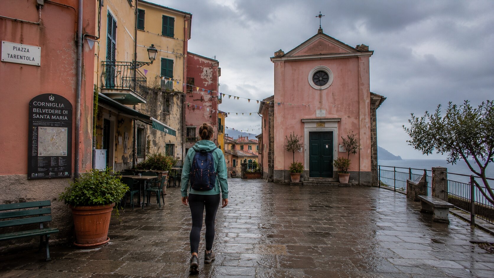 traveler in Corniglia on a cloudy day