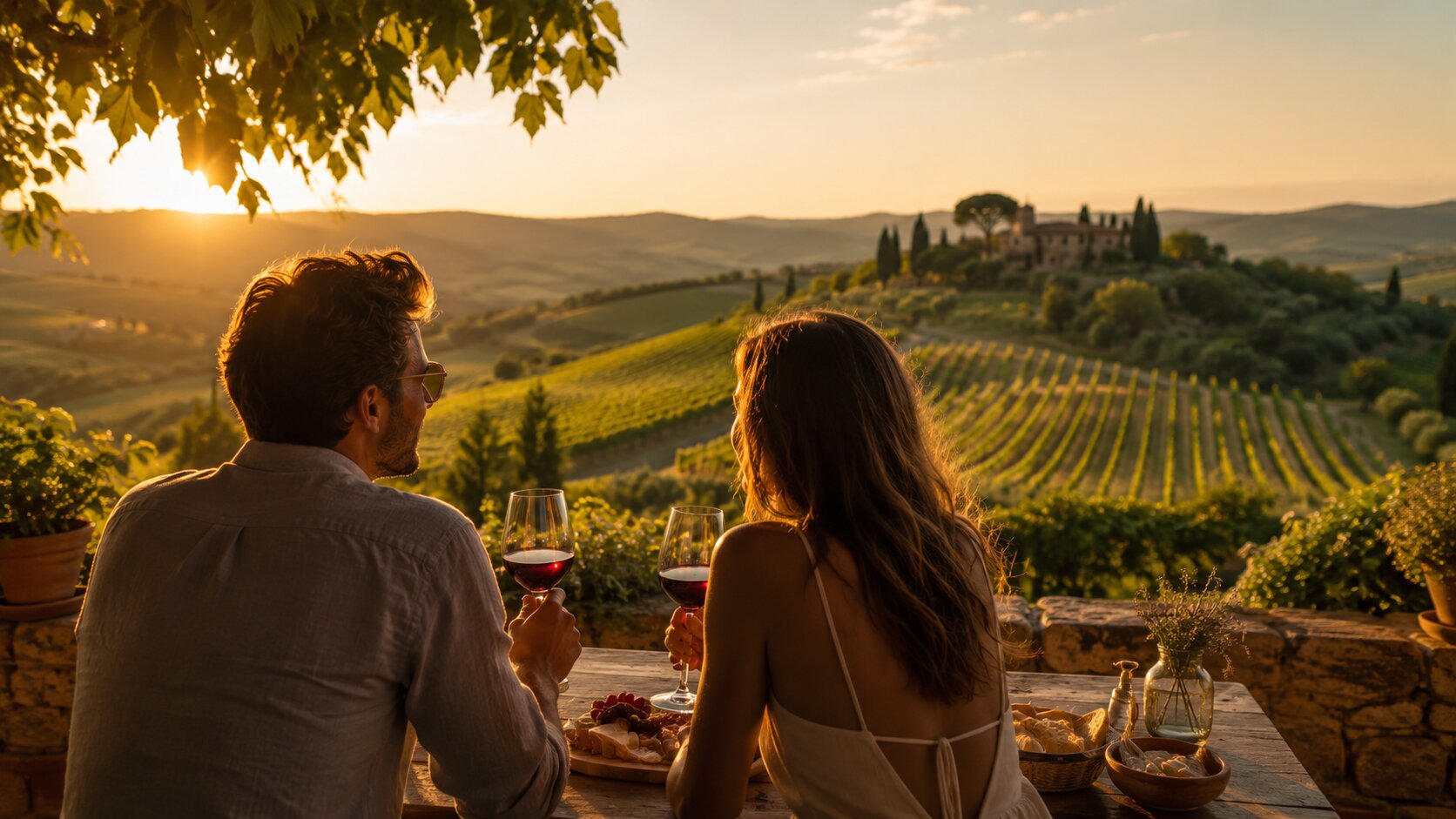 couple enjoying wine at sunset overlooking Chianti vineyards