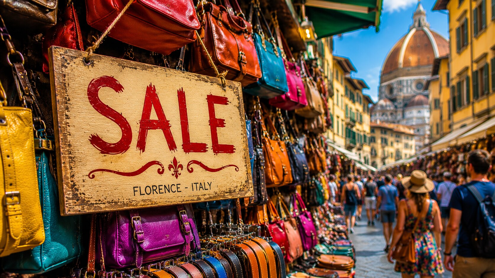 colorful leather market in Florence with sale sign attracting tourists