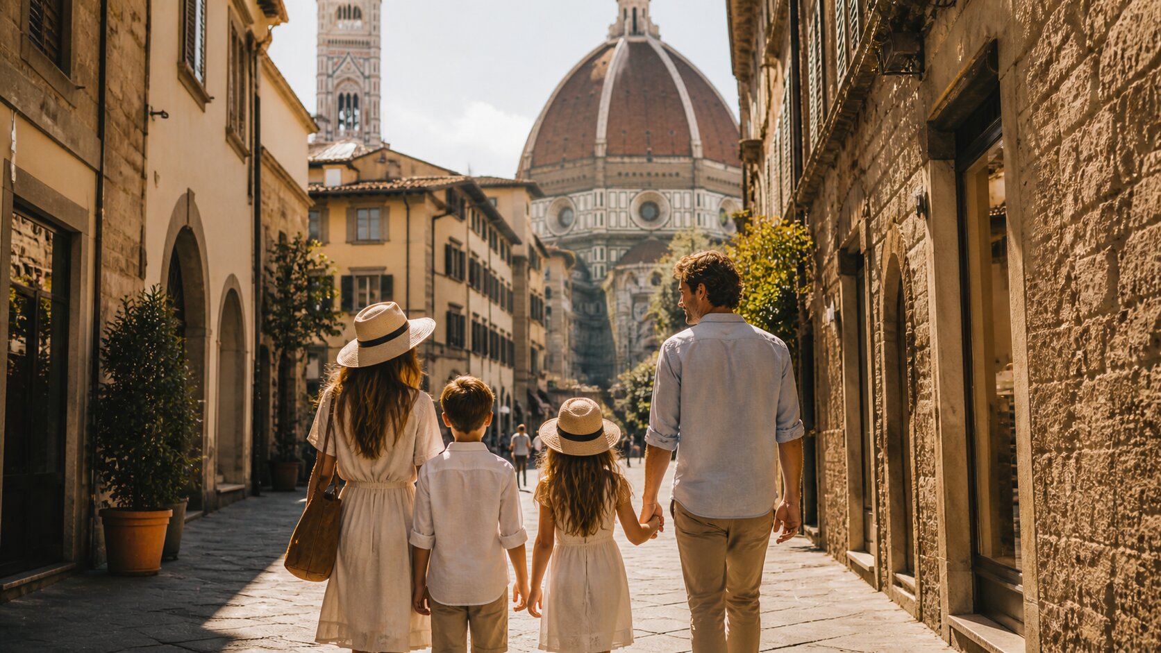 family walking in historic Florence street with cathedral in background